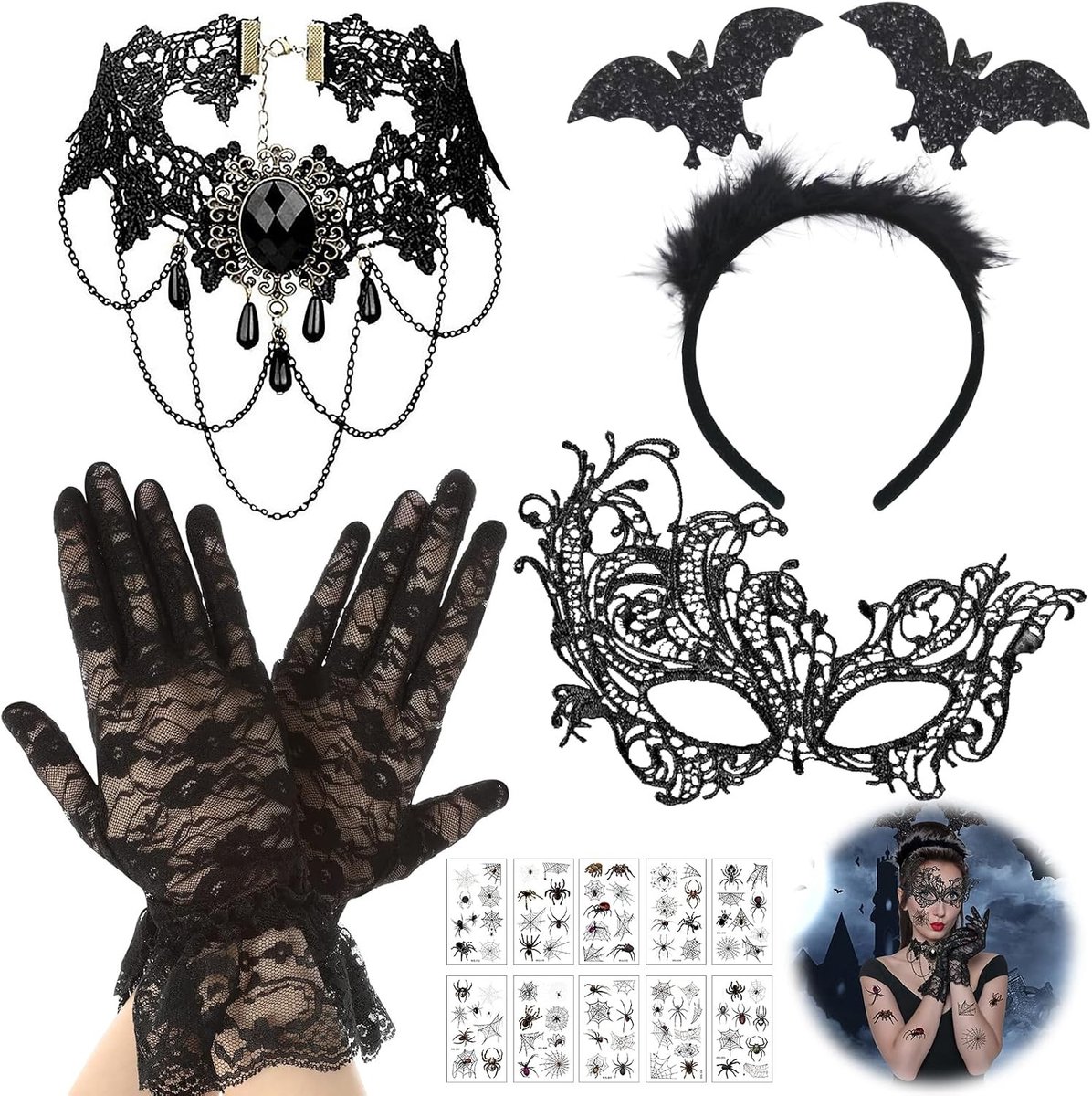 Halloween Haarband met Vleermuizen en Spinnen, Zwart Kant Masker en Gezichts-Tattoo, Kinderen en Dames Accessoires voor Feestelijke Gelegenheden