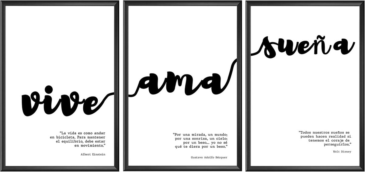 posters om in te lijsten, set van 3 moderne Scandinavische motivatiespreuken in zwart en wit [Vive AMA Dreama], Muurdecoratie, Wanddecoratie Woonkamer, 30 x 42 cm