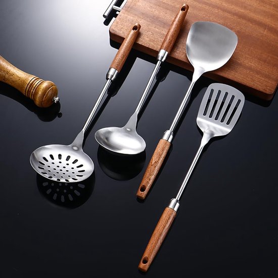 4-delig, wokspatel, pollepel, sleuflepel en spatel, gereedschapsset, 304 roestvrijstalen keukengerei, houten handvat, vaatwasmachinebestendig (zilver) — afbeelding 4