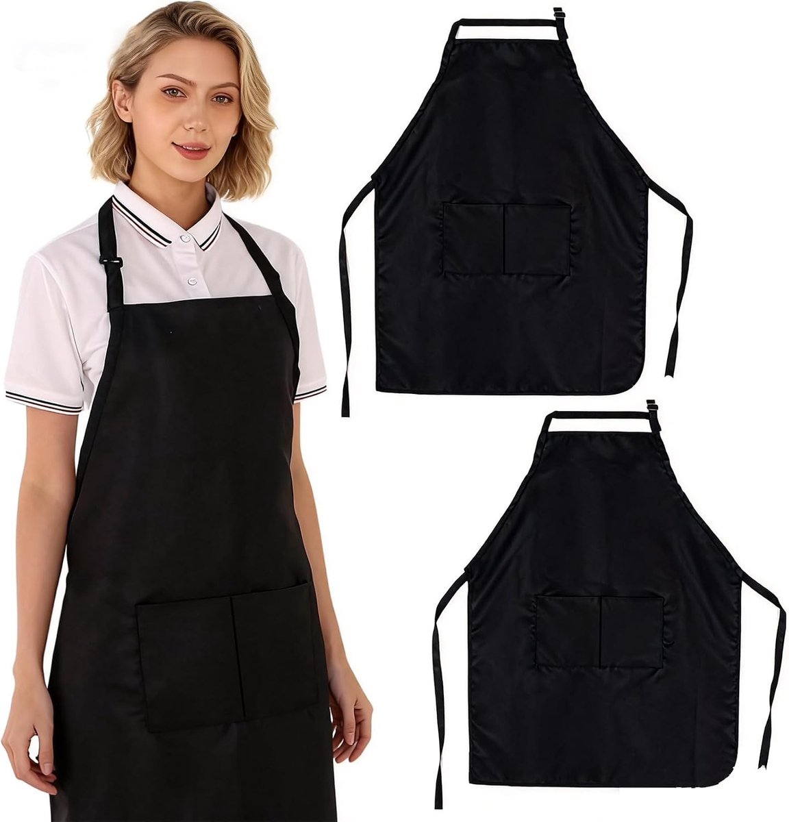 2-stuks kookschort zwart, unisex grilschort, katoenen keukenschort met 2 zakken om te koken, vuilafstotende keukenschorten voor koks, BBQ, schilderen, bakken en koken