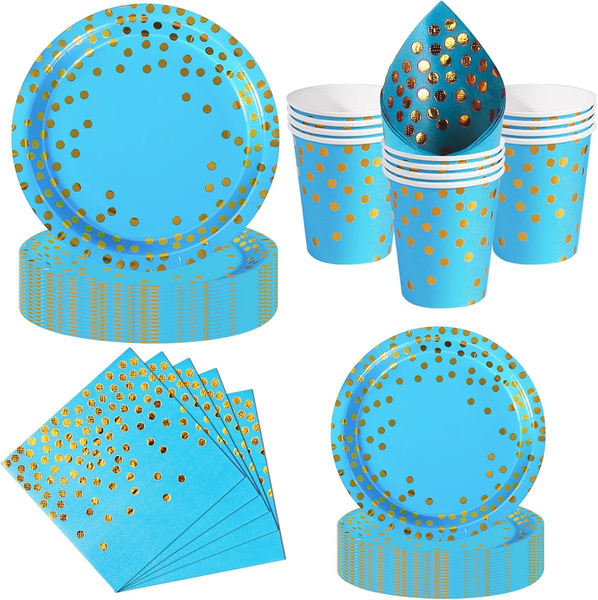Feest Servies, 50 Stuks Iichtblauw en Goud Papieren Borden Kinderfeestje Set met Wegwerp Papieren Borden, Servetten & Bekers voor Verjaardagen, Barbecues, Picknicks en Feesten