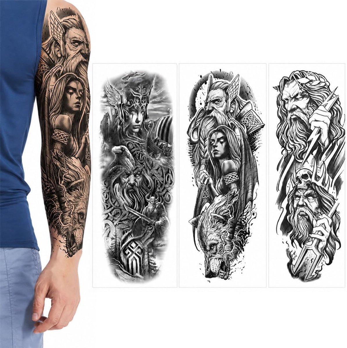 Tijdelijke tatoeages, Vikings, Scandinavische mythologie, hele arm, 48 x 17 cm, groot formaat, zwart, wateroverdracht, eenvoudig aan te brengen en te verwijderen, cosplay, kostuum