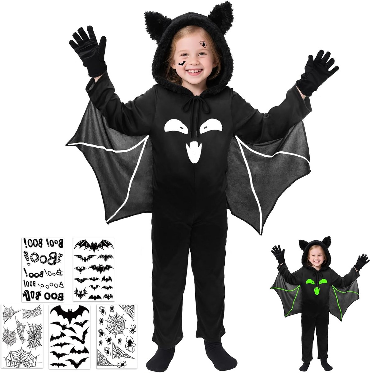 Kostuum kinderen, unisex Halloween kostuum vleermuis glow in the dark, 3-11 jaar vleermuis kostuum kinderen jongens meisjes Halloween vleermuispakken carnaval kostuums