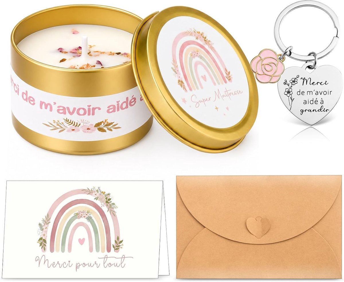 Set van 4 Bedankcadeautjes voor Leerkrachten 1 Geurkaars Maîtresse 1 Sleutelhangertje 1 Wenskaart en 1 Envelop voor Vrouwen Afscheid Dag van de Leerkracht Einde van het Schooljaar Verjaardag