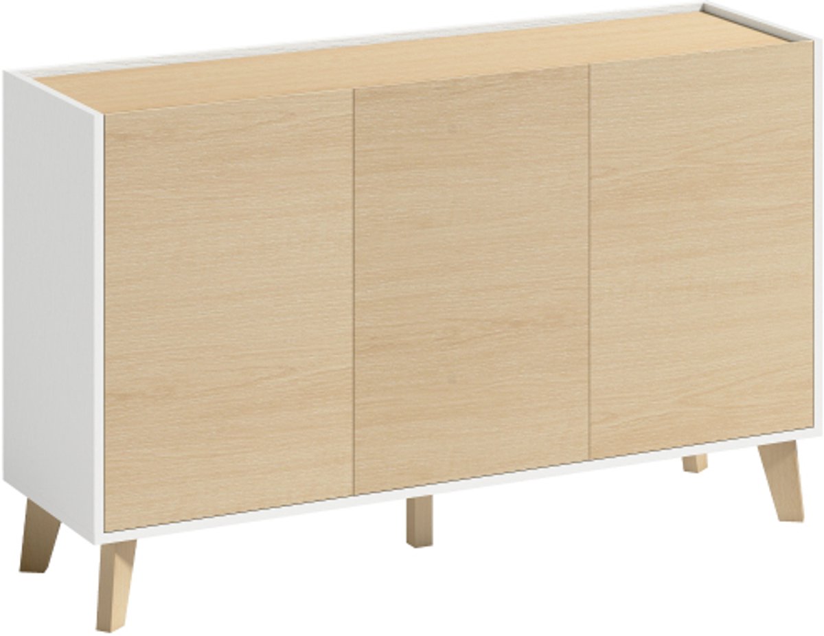 Scandinavisch dressoir - buffetkast 3 deuren - greeploze deuren - tv meubel 120 cm - 6 vakken - woonkamer - 120x35x73,5cm - Hout en Wit
