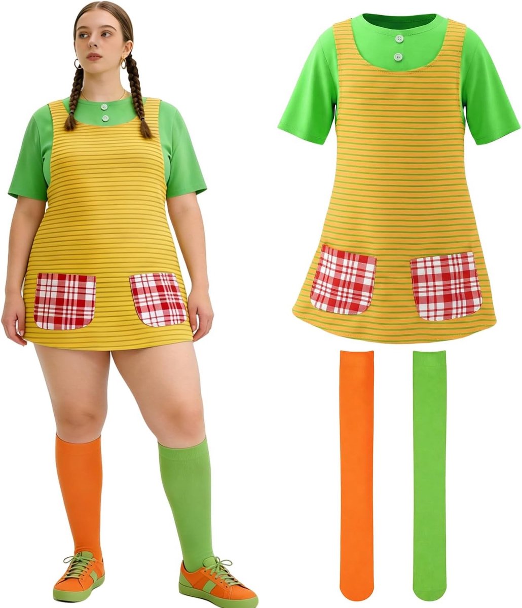 Vrouwelijk Carnaval Kostuum, Kleurrijke Jurk met Kousen, Feestoutfit voor Dames met Accessoires