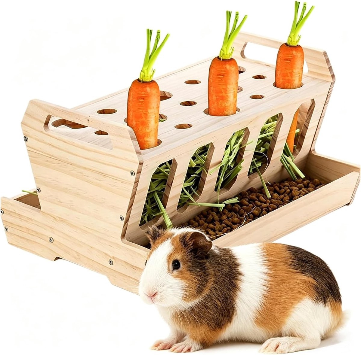 Grote Houten Voederbak voor Konijnen met Wortelhouder, Natuurlijk Onbehandeld Hout, Ideaal voor Konijnen, Cavia's en Hamsters (30 x 20.5 x 18 cm)