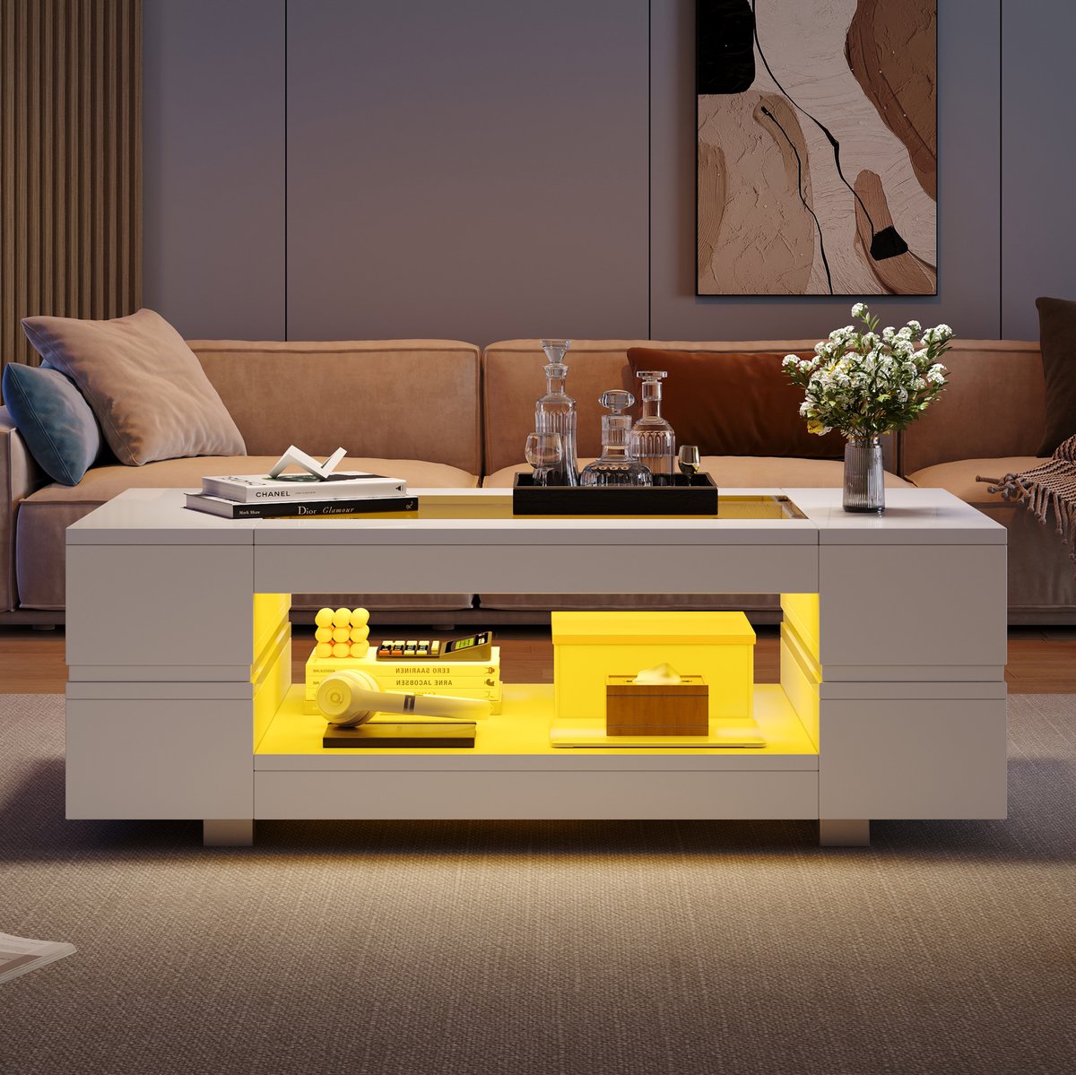 MEUNIQ Salontafel 100 x 50 x 35 cm met LED-verlichting via app, glazen blad, open opbergruimte en hoogglans tafelblad voor woonkamer, wit