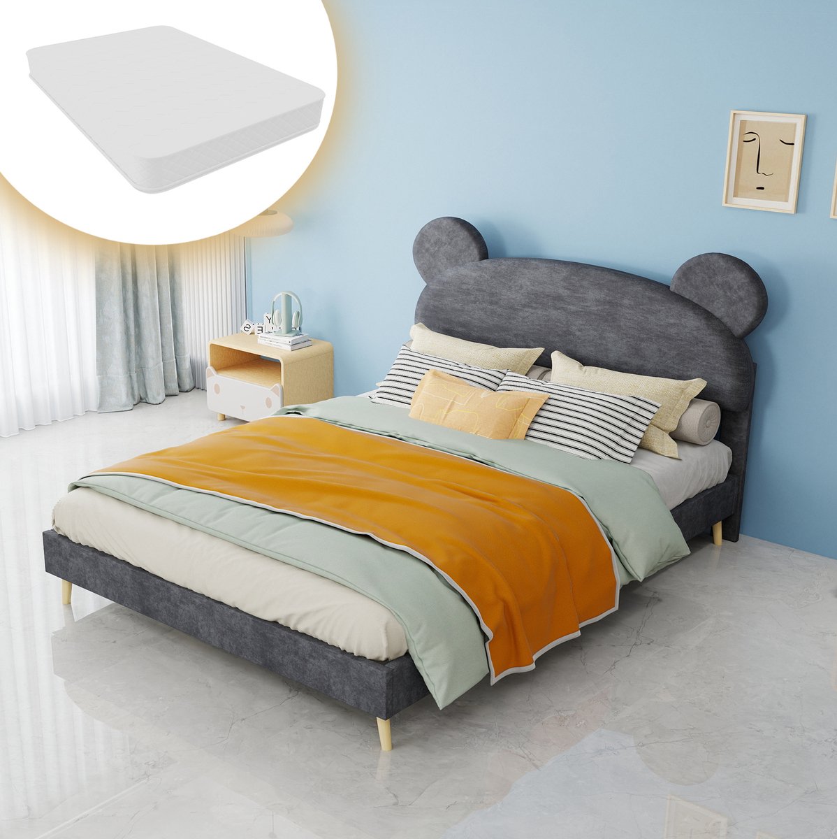 MEUNIQ gestoffeerd bed 140x200 cm met 23 cm pocketveringmatras, grijs bedframe met zacht hoofdbord met berenoren en lattenbodem voor slaapkamer