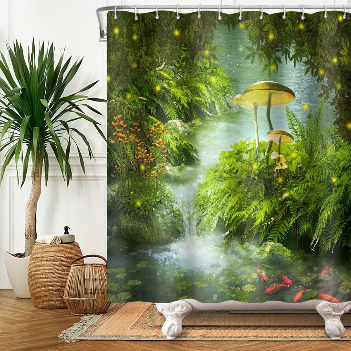 douchegordijn natuurlijk landschap groene planten lotusblad steen grote paddestoel douchegordijnen waterdicht badkamer partitie decoratief gordijn mooie kunst gordijn 180 x 200 cm