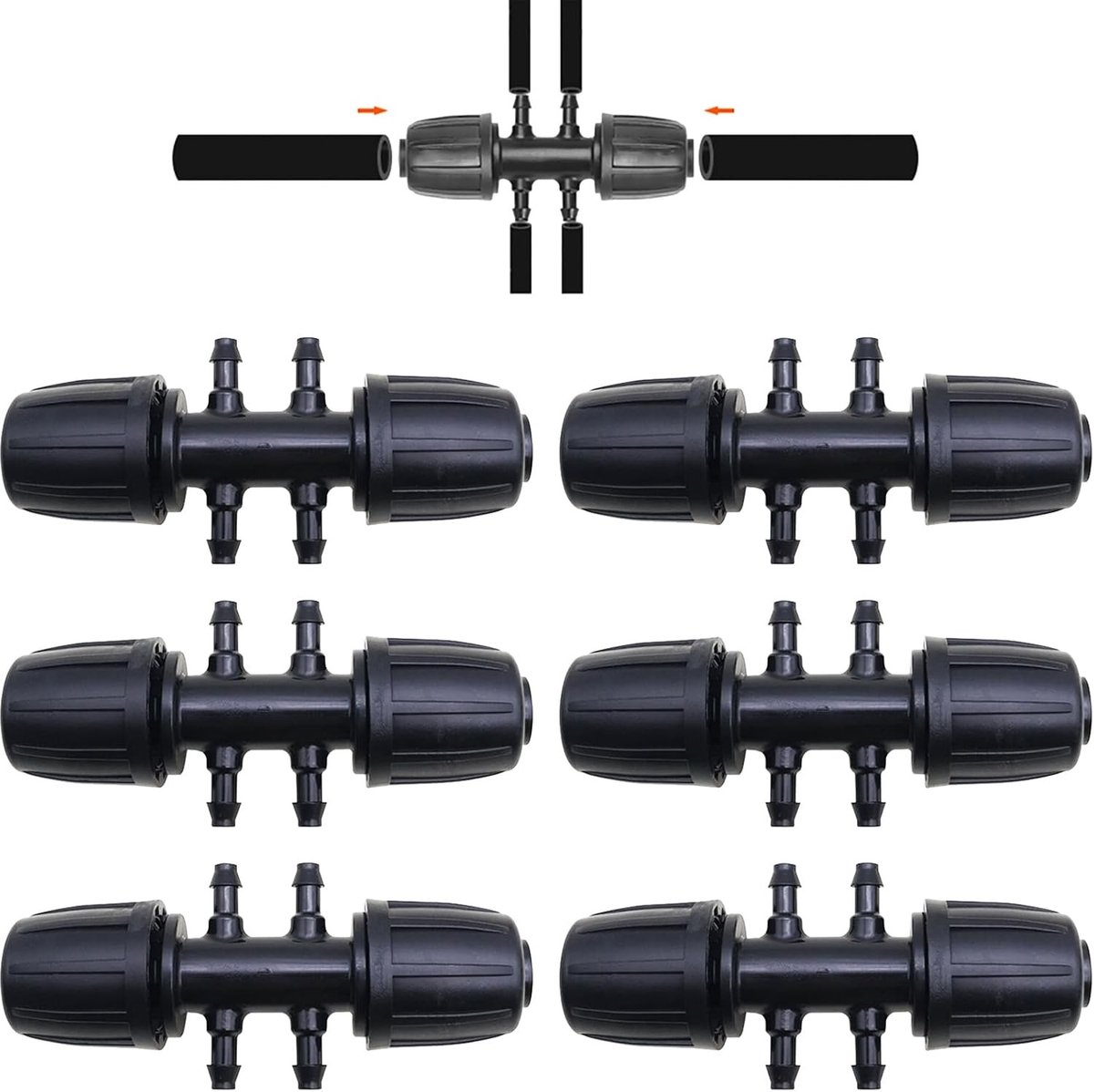 Irrigatie Slang Connector, 1/2 Inch Tuinslang Aansluitingen, Anti-Drop Fittingen, 6-Weg Barbed Connectoren (Set van 6) voor Tuinirrigatie en Waterbeheer
