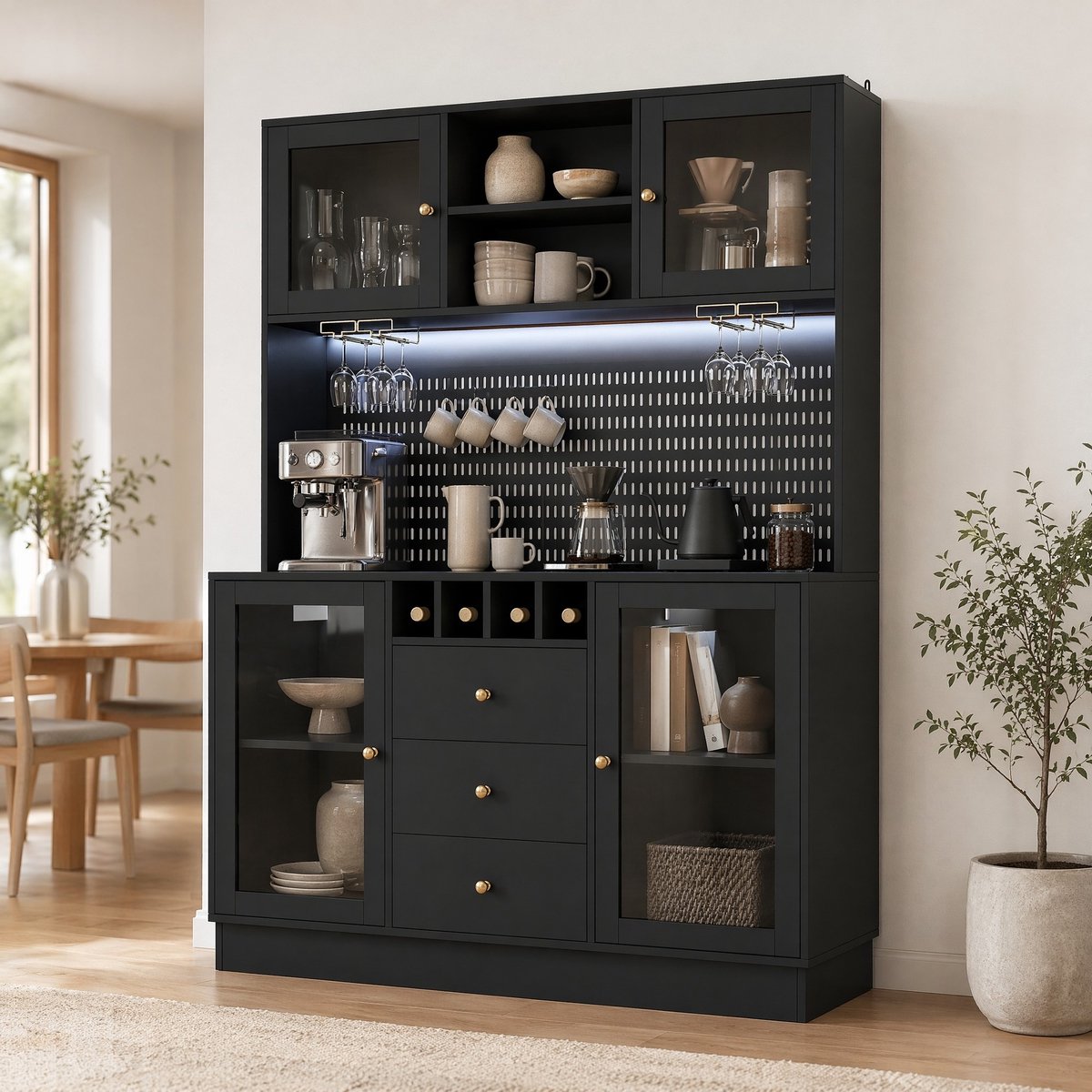 MEUNIQ Hoge keukenkast 140 x 40 x 185,7 cm met LED-verlichting, glazen deuren, wijn- en wijnglasrek, verstelbare planken, lade en antikantelvoorziening, zwart