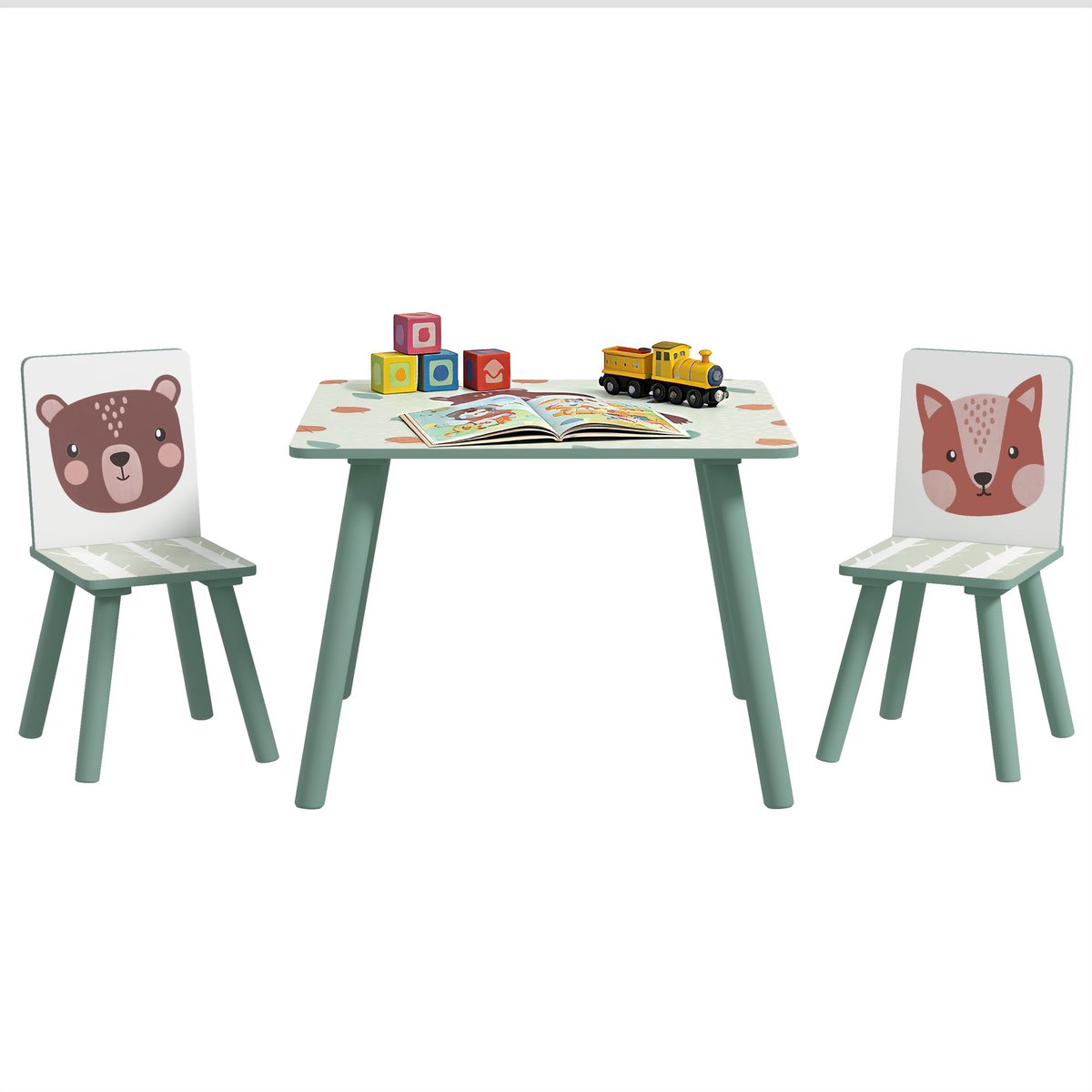 Kindertafel met 2 Stoeltjes - Speeltafel voor Kinderen - Peuter Stoeltje met Tafel - Kindermeubels van Hout -Groen
