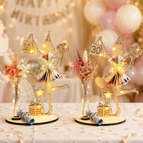 Verjaardag vrouw meisjes, geldgeschenk 18e verjaardag meisje - Houten bord gastenboek met led-lichtsnoer, reageerbuis en strik, jeugdfeest, verjaardagscadeau, decoratief hout — afbeelding 5