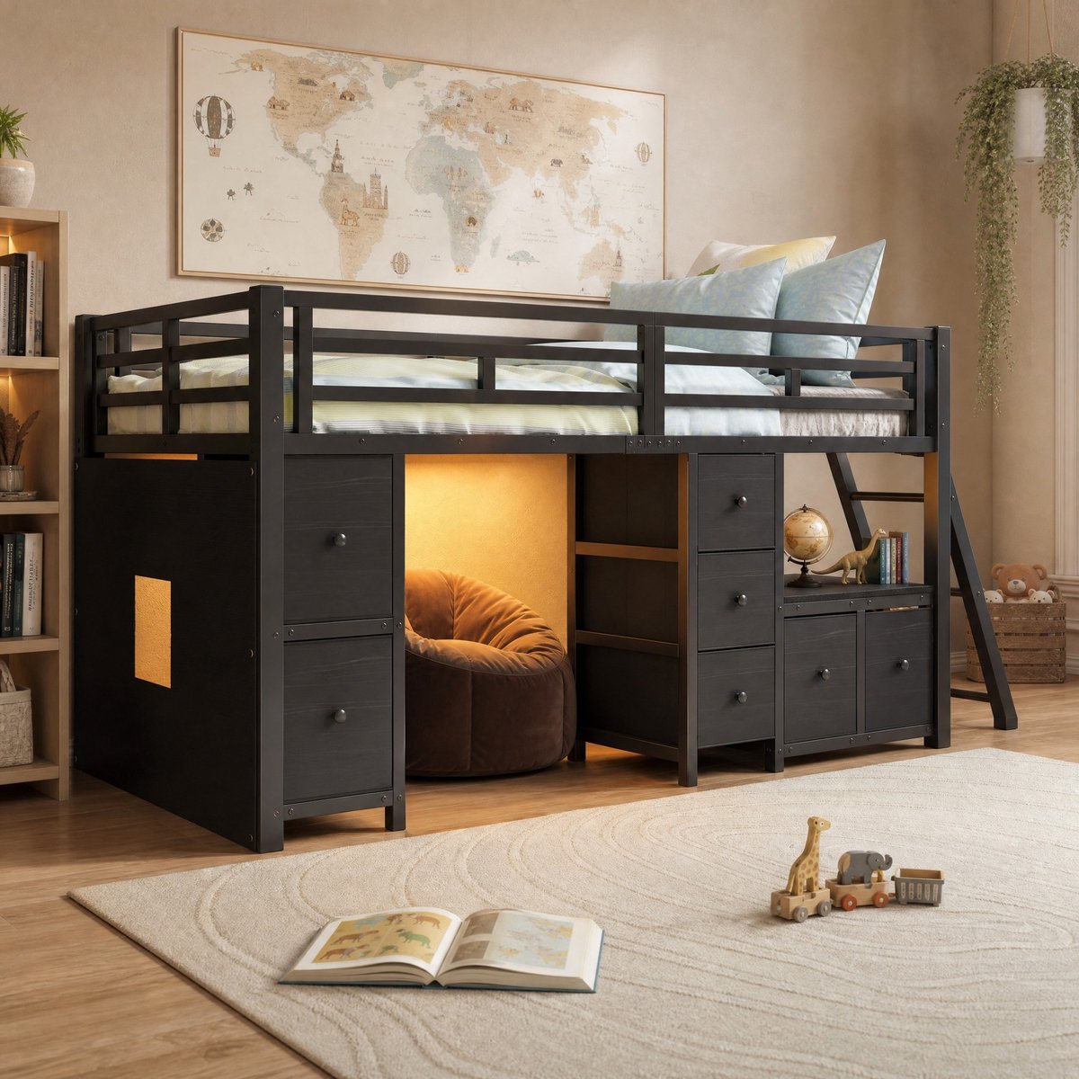 REDOM Halfhoogslaper - 7 stoffen lades en open boekenvak - LED-verlichting met 7 kleuren - MDF en metaal - Zwart - 90 x 200 cm
