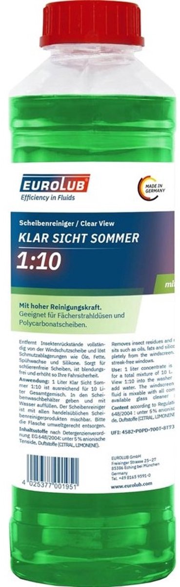 Zomer ruitenreiniger concentraat 1:10, 1 liter voor helder zicht