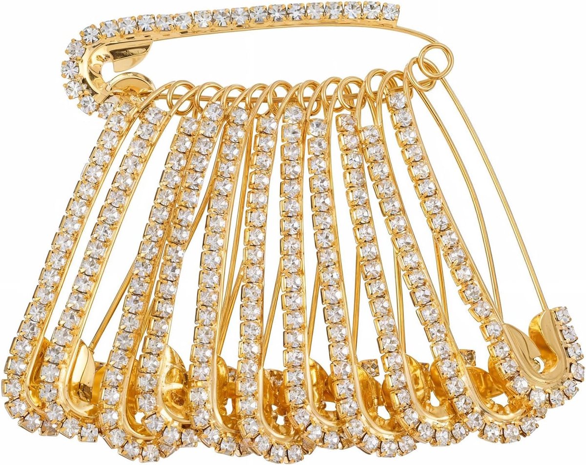 12 stuks Grote Veiligheidsspelden, Met Strass Versierde Veiligheidsspelden, Grote Gouden Kristal Decoratieve Broche voor Dames Kleding Rokken Truien Sjaal Revers Hoed Accessoires, 5.6 cm, Zink