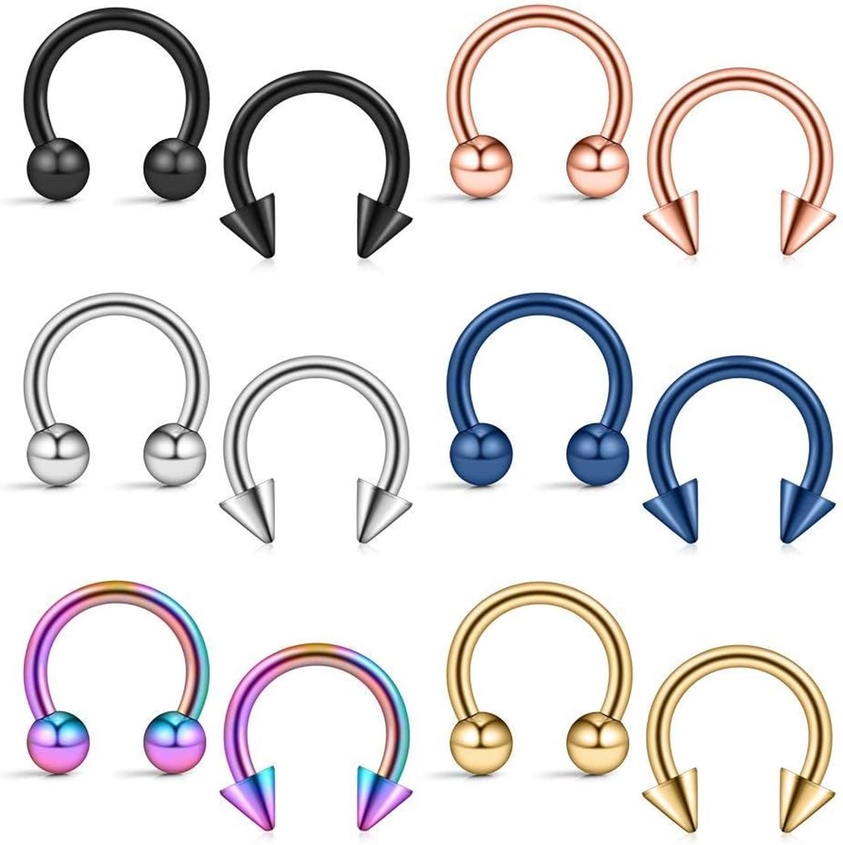 Set van 12 neuspiercings, hoefijzer, 14G, 1,6 mm, neusring van 316L roestvrij staal, 8 mm, 10 mm, 12 mm, 14 mm diameter, ronde barbell, septum, lip, labret, neuspiercing, ring