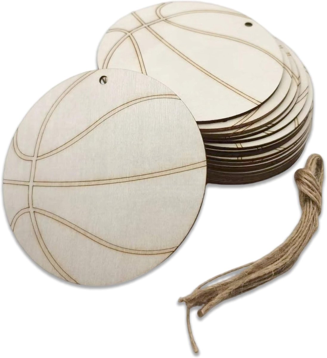 Onafgewerkte basketbalhouten uitsparingen, lasergesneden, braamvrij met jute touwen, doe-het-zelf lege houten hangers voor sportfeest, Kerstmis, klaslokaal en woondecoratie