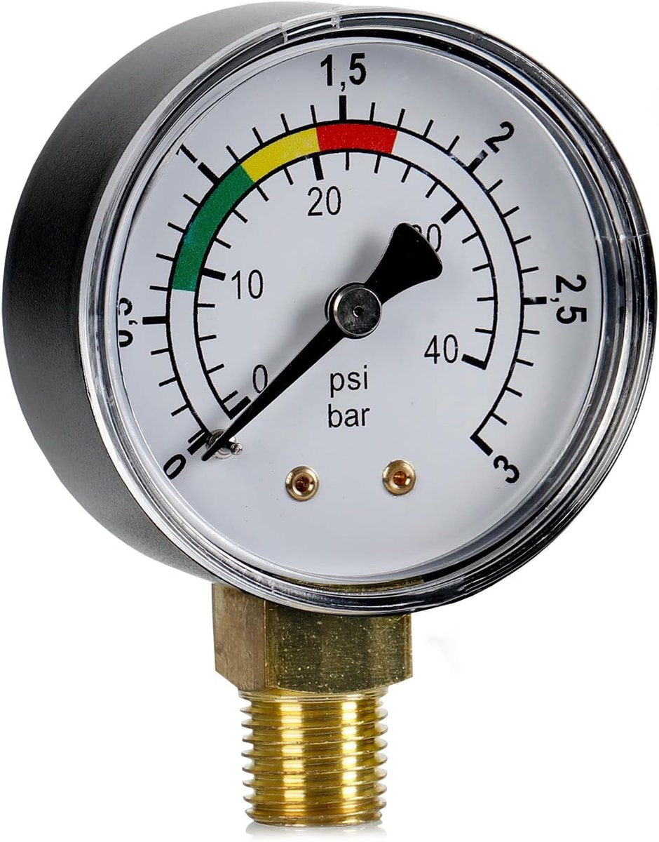 Manometer 0-3 bar voor water, 1/4 inch aansluiting, nauwkeurige drukmeter voor zwembad, zandfilterinstallatie en visvijver, waterdrukmeter met kleurenschaal, robuust en eenvoudig af te lezen