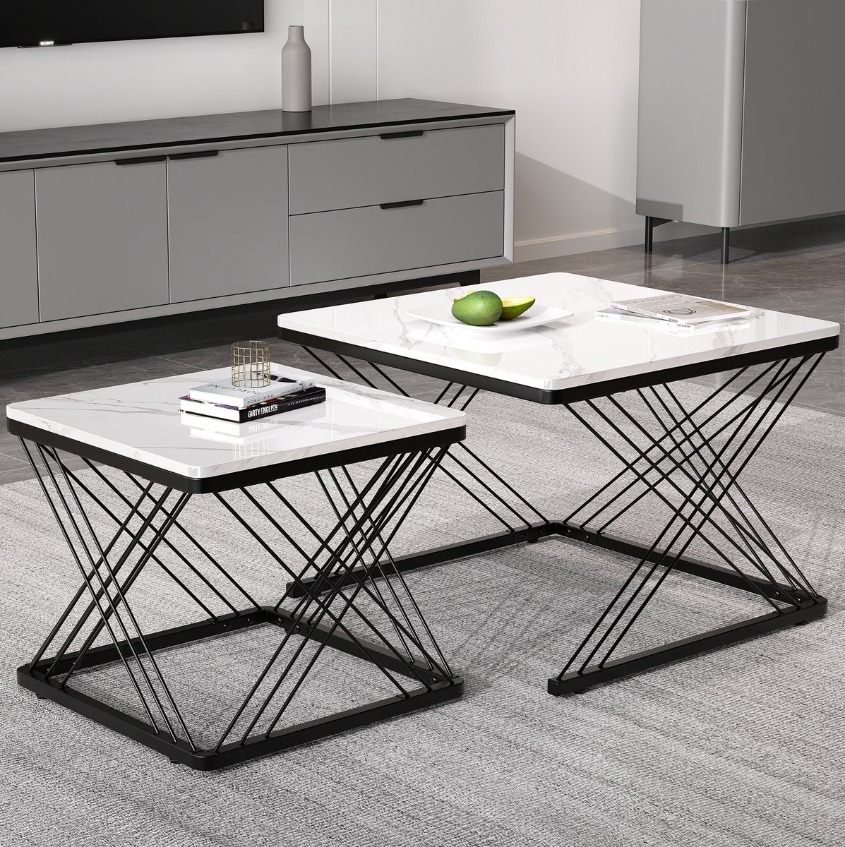 MEUNIQ 2-delig vierkant salontafelset 60 x 60 x 45 en 45 x 45 x 40 cm – hoogglans marmereffect, verstelbare pootjes, zwart-wit