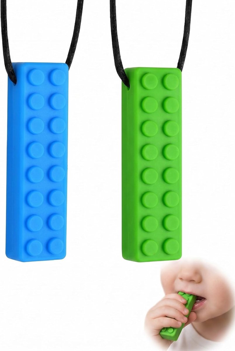 Tweedehands Bijtspeelgoed Set van 2 in Blauw en Groen voor Autisme, ADHD, Tandjes, Angst en Sensorische Stimulatie, Gemaakt van Voedselveilige Silicoon voor Ontspanning en Focus.