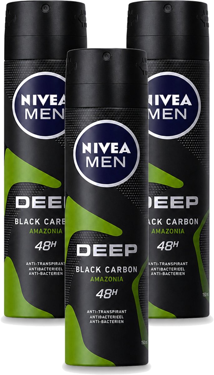 3 x Nivea - Men - Deodorant - Spray - Deep Black Carbon Amazonia - 150 ml - Bulkverpakking - 3 stuks