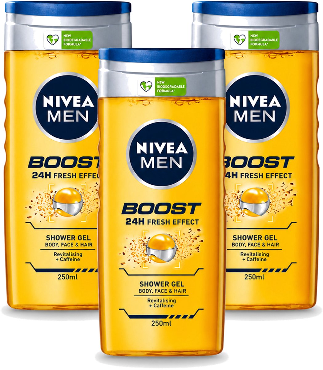 3 x Nivea - Men - Boost Douchegel - 24 Uur Lang Effect - 250 ml - Voordeelverpakking - 3 stuks