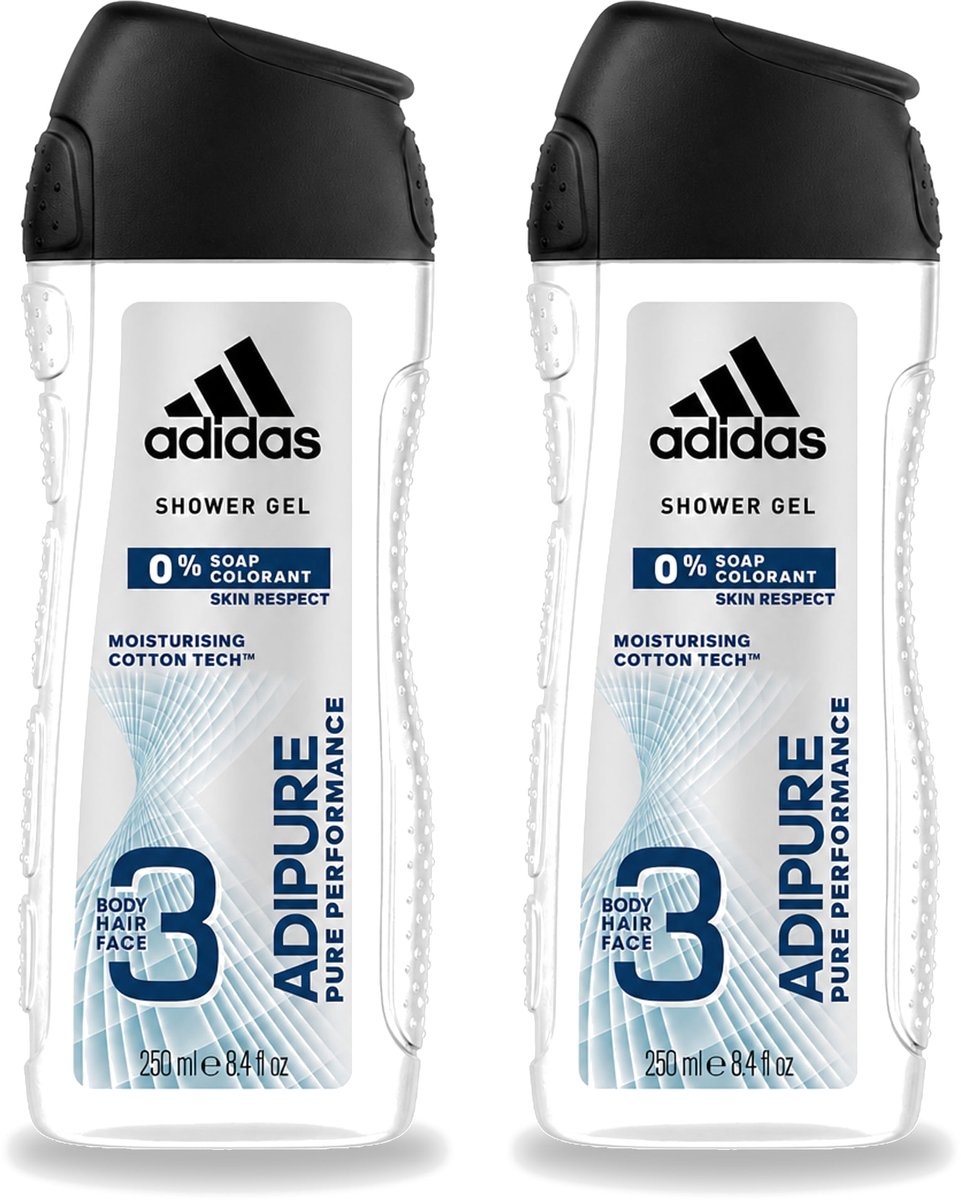 2 x Adidas - 3-in-1 Douchegel - Adipure Pure Performance - Huidvriendelijk - 0% Zeep Kleurstof - 250 ml - Voordeelverpakking - 2 stuks