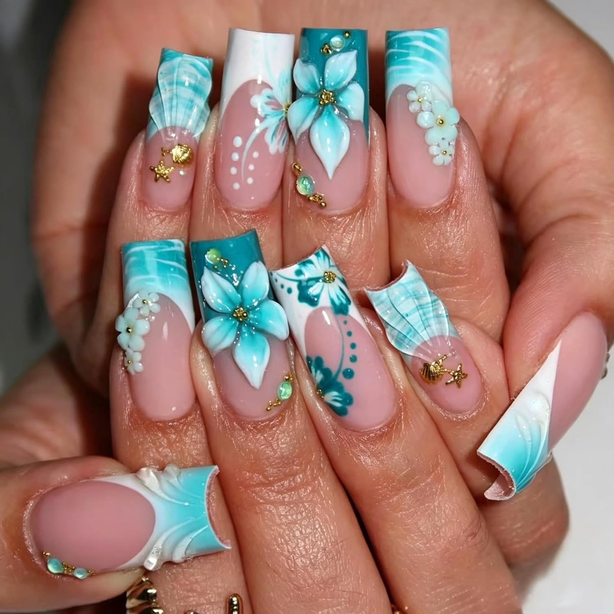 Nagels, lang, vierkant, blauw, Franse 3D-bloemen, bloemen, zeester, oceaan, water, rib, strass, design, korte nepnagels, blauwe tips, bloem, gestreept, zomer, INS zoete kunstmatige