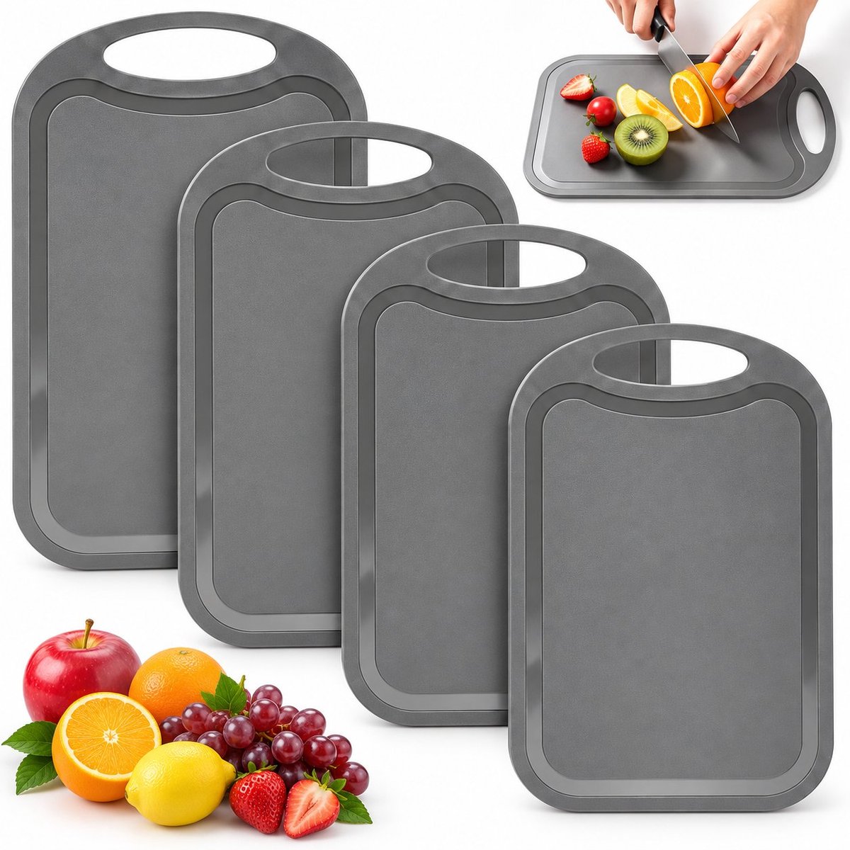 R&H® 4-delige Snijplank Set van Kunststof – Grijze Ontbijtplanken met Handgreep en Antislip Rand – 25 x 16 x 0,25 cm