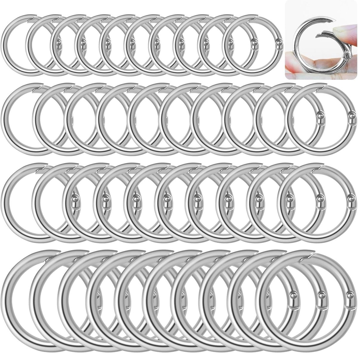 40-delige zilveren ronde karabiner set met O-ringen, metalen karabiners voor tassen, handtassen en doe-het-zelf projecten