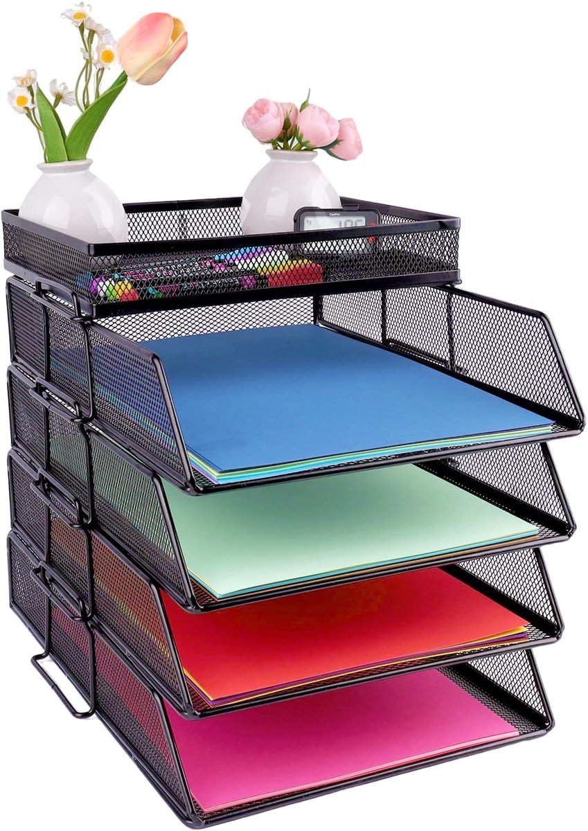4 Tier Mesh in Trays, stapelbare Office Desk Tidy File Houder met Top Briefpapier Houder, Papieren Document Brievenbakken voor Kantoor, School en Thuis Zwart