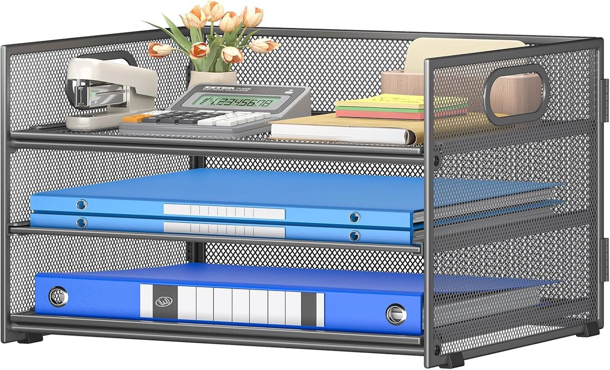Bureau Organizer Met 3 Vakken Voor Brieven En 1 Verplaatsbaar Opbergvak Met Handgreep, Kantooraccessoire Voor A4 Documenten, Papier, Boeken En Tijdschriften, Grijs