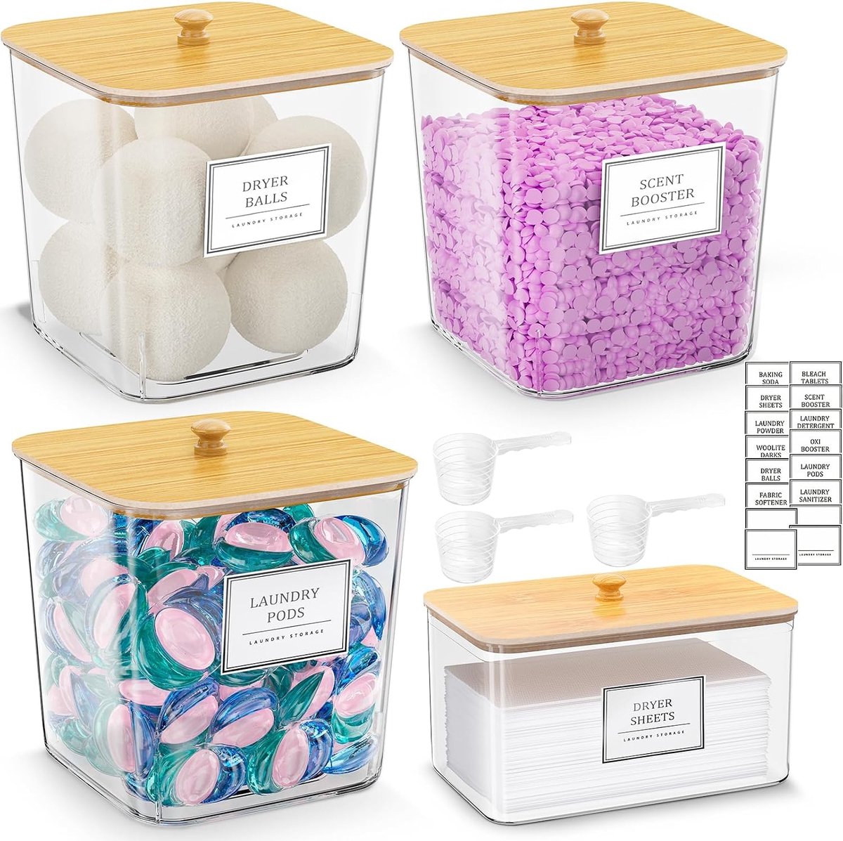 Opslagdoos voor Waspoeder Capsules, 3+1 Set Doorzichtige Boxen met Bamboe Deksel voor Wasmiddel, Geurparels en Drogerdoekjes, Inclusief 16 Stickers en 3 Maatlepels