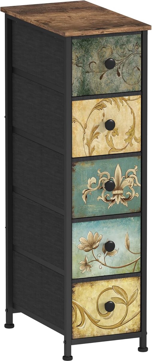 Komoda smal kast met 5 laden van stof, bohemien make-up tafel, kommode, kast met laden voor slaapkamer, salon, gang, gemaakt van metalen frame, materiaal van houtafgeleide oorsprong, in