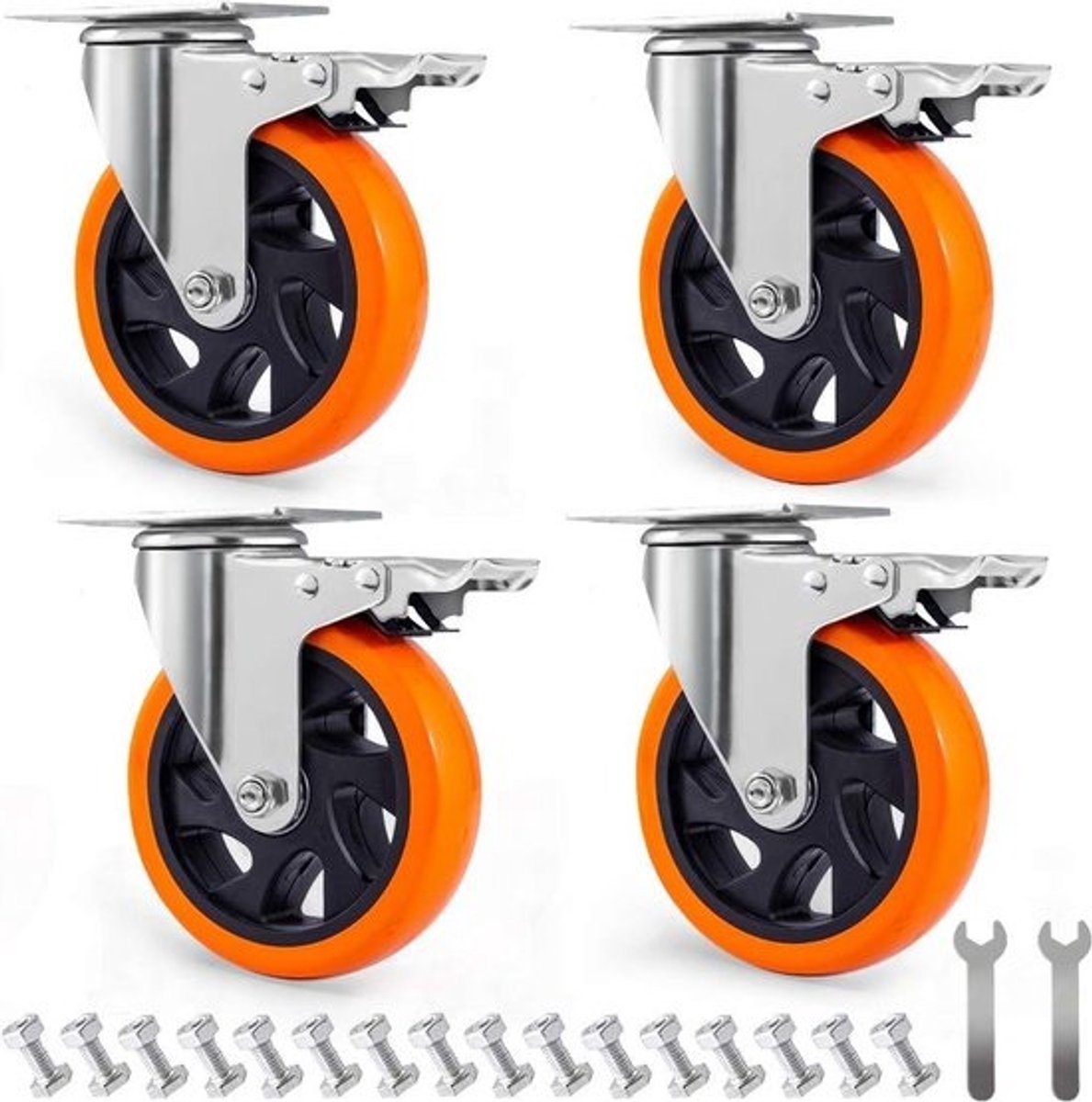 5 Inch Plaat Wielen met Rem - 1800 LB Draagvermogen - Set van 4 - Oranje