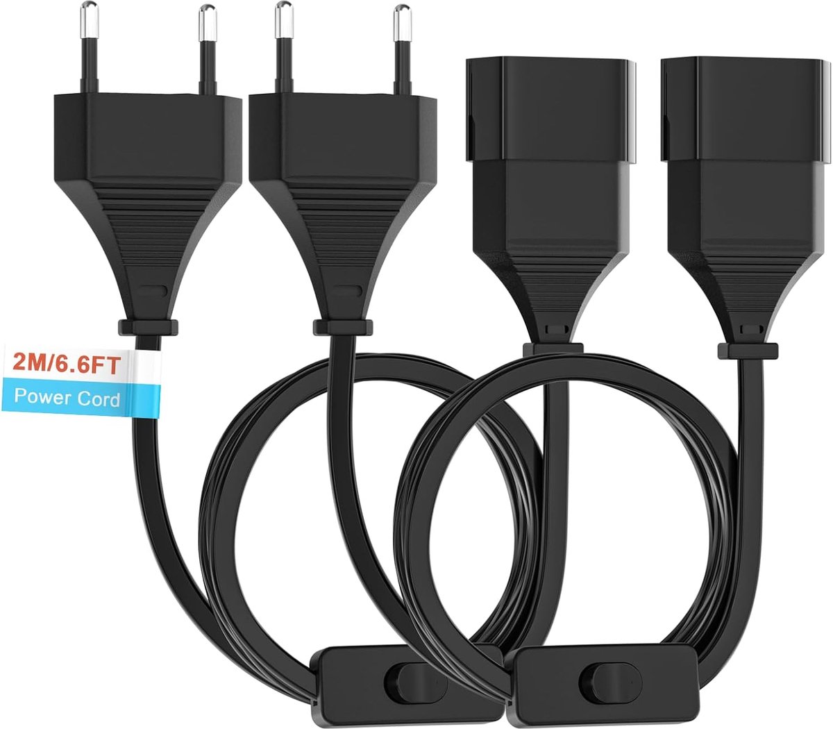 2 m stroomkabel, euronetsnoer, aansluitkabel, netsnoer met platte eurostekker en schakelaar, verlengkabel voor type C-eurostekker naar type C eurobus (0,75 mm²) voor tv, pc, computer, monitorlamp