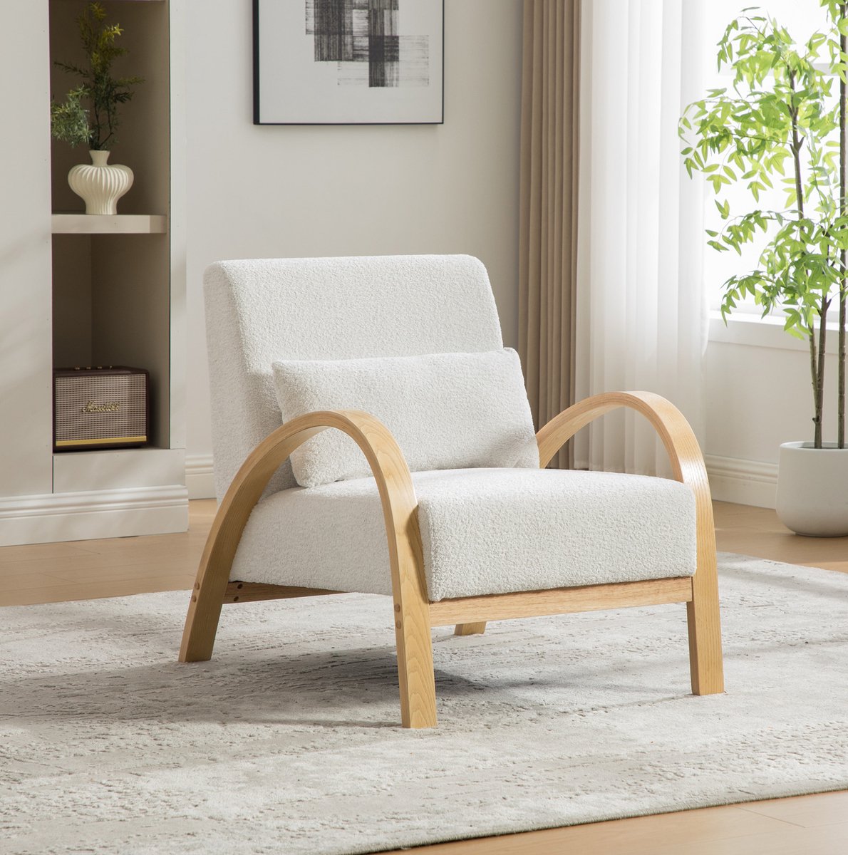 MEUNIQ Fauteuil van chenille met houten poten, 70 x 82 x 83,5 cm, draagvermogen 136 kg, voor woonkamer, slaapkamer of wachtruimte, Ivoor Ivory