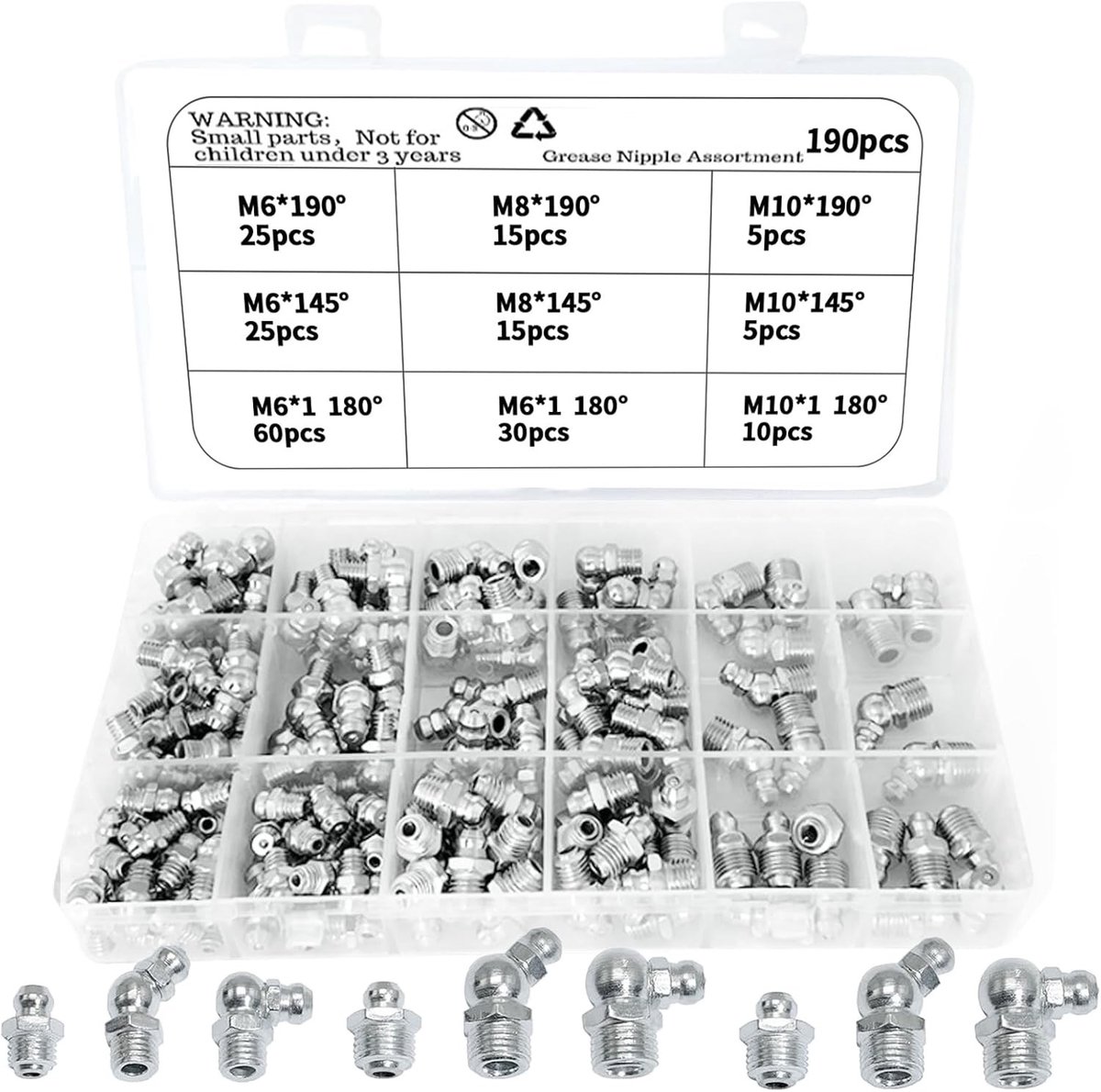 Assortiment Smeernippels M6 M8 M10 voor Vetpers, Rechte en Gebogen Nippels, 45, 90 en 180 Graden, Hydraulische Smeernippels, Vernikkeld Ijzer, Cone Smering