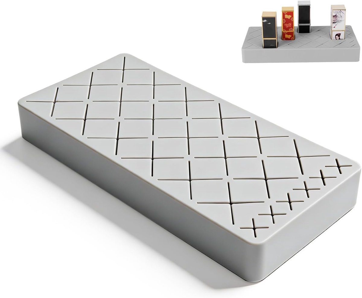 Lipstick Organizer met Verwijderbare Siliconen Inzetstukken voor Make-up en Cosmeticaopslag, Ideaal voor Lippenstift en Borstels (Grijs)