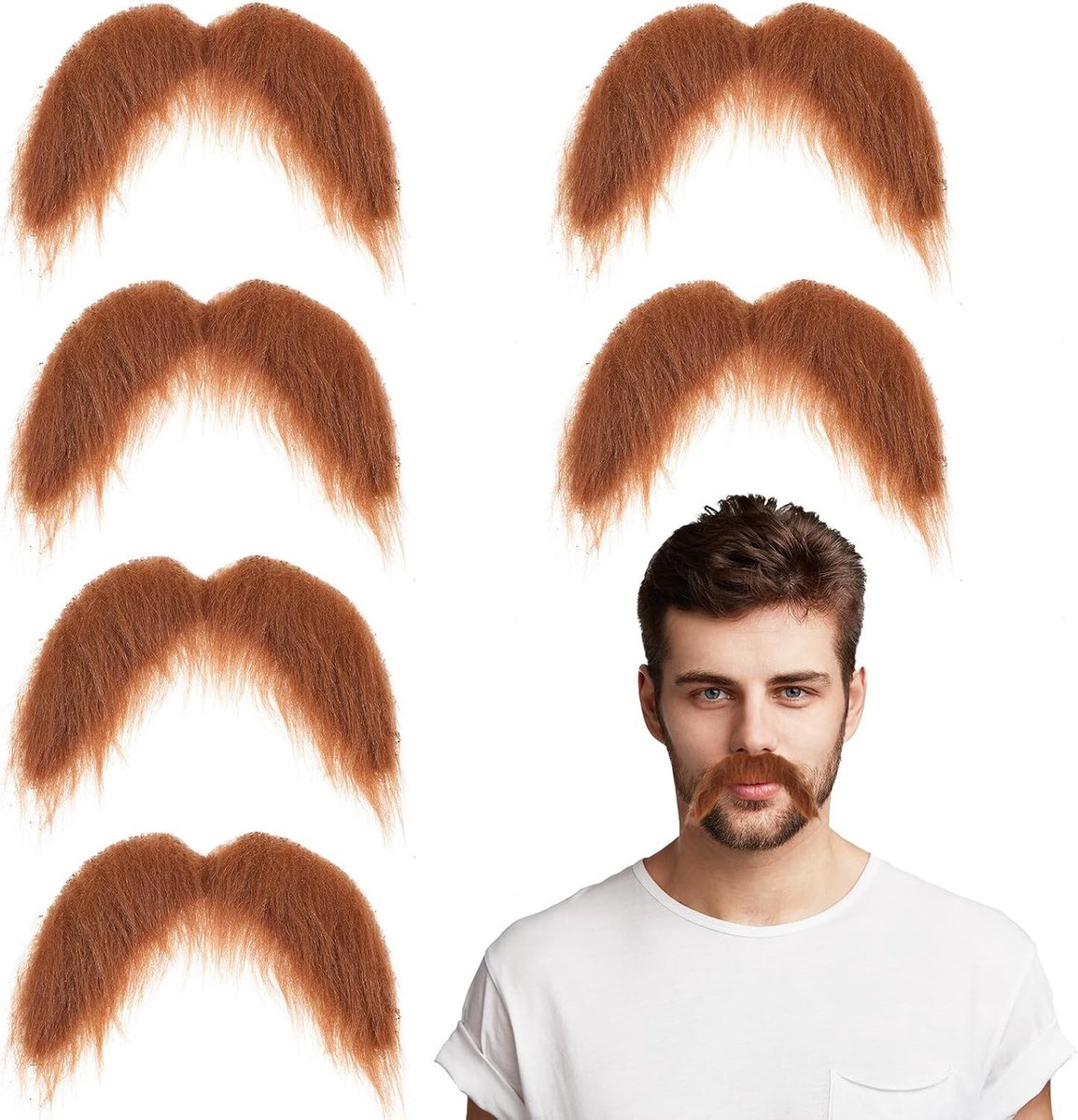 Set van 6 Grappige Snorren voor Carnaval, Realistische Nep-Snorren voor Cosplay, Feestaccessoires voor Themafeesten en Halloween (Bruin)