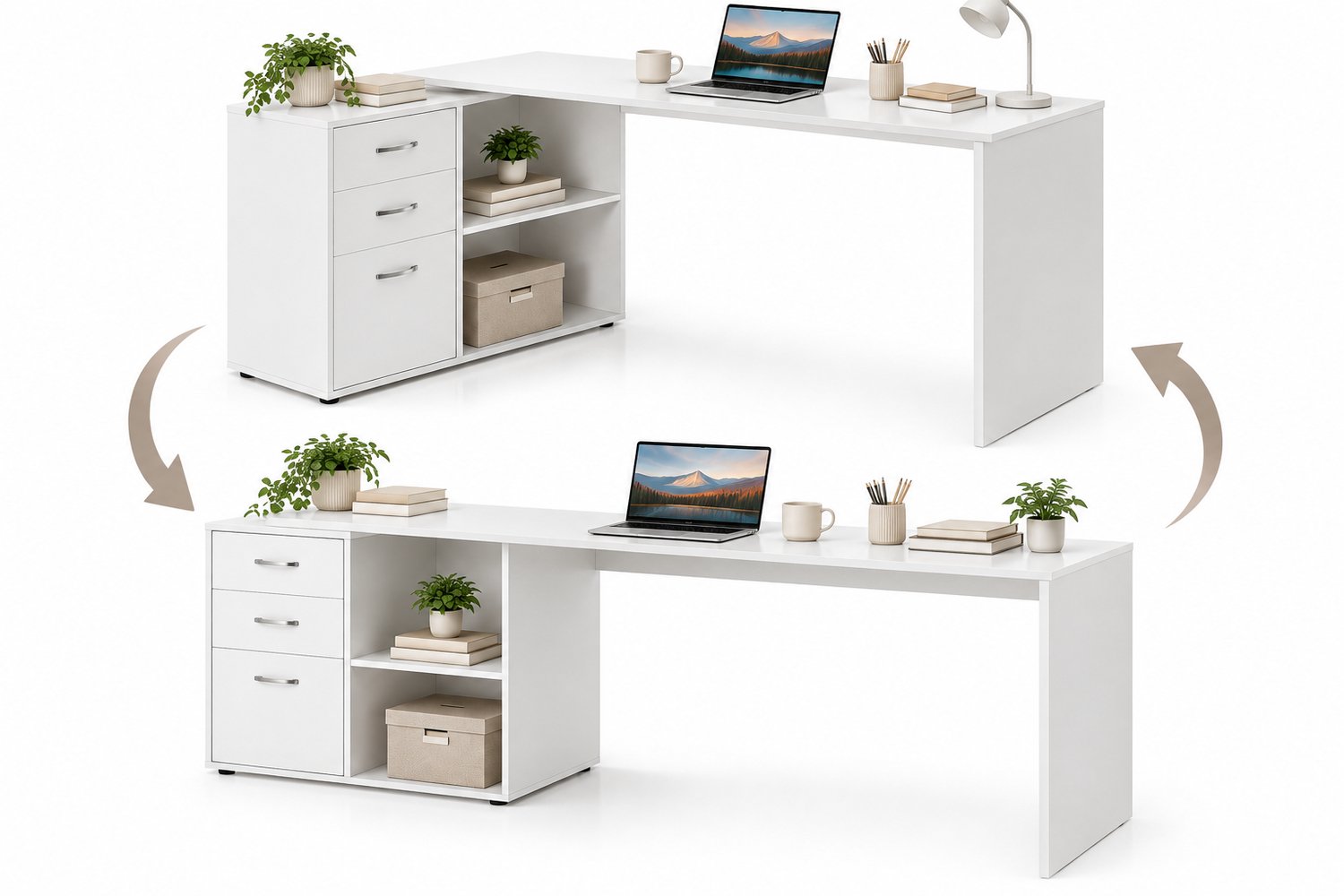 VILIMA - Bureau - Bureau wit - Bureau met 3 lades - 2 open vakken - Modulair ontwerp - Hoekbureau - Rechthoekig - 162x50x76 cm