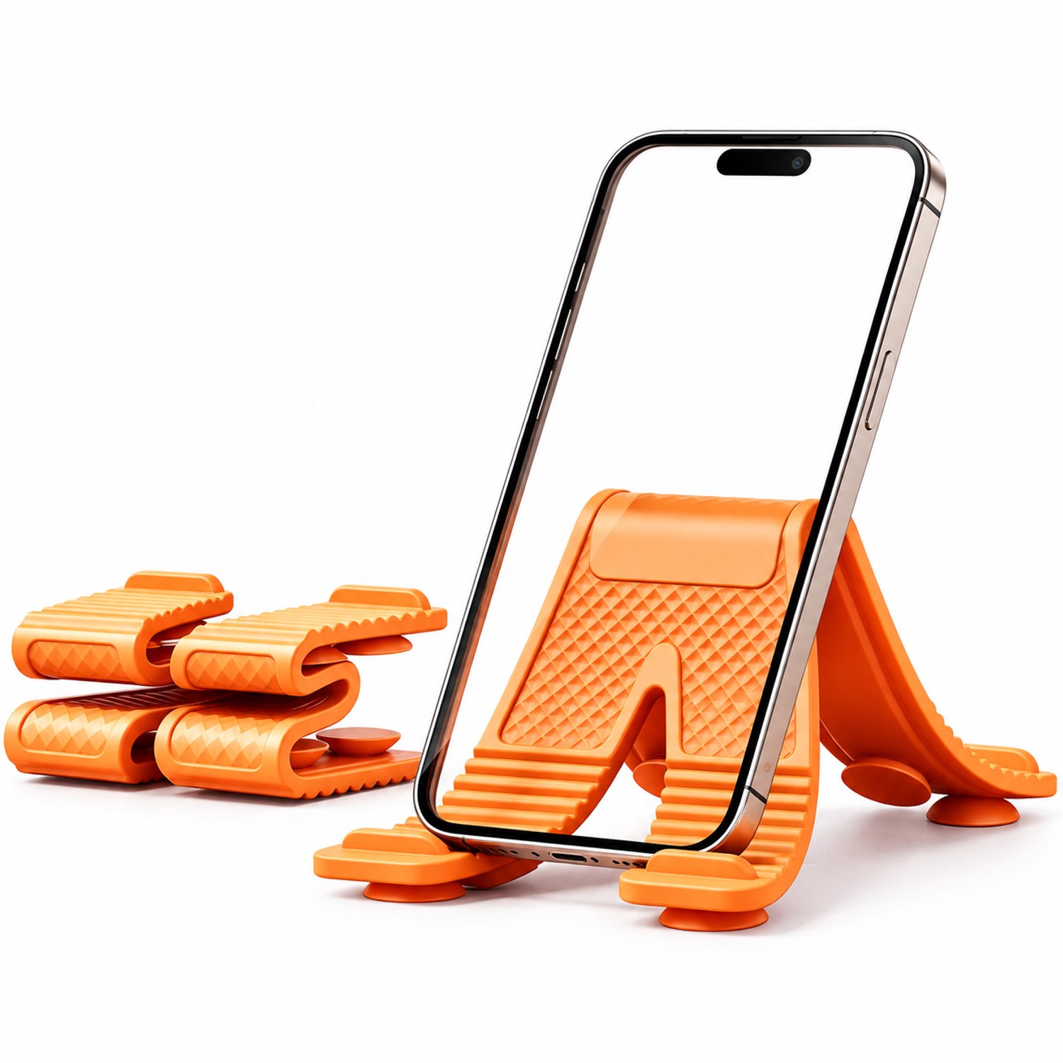 Oranje opvouwbare siliconen telefoonhouder met zuignap, flexibel X-model voor auto en bureau