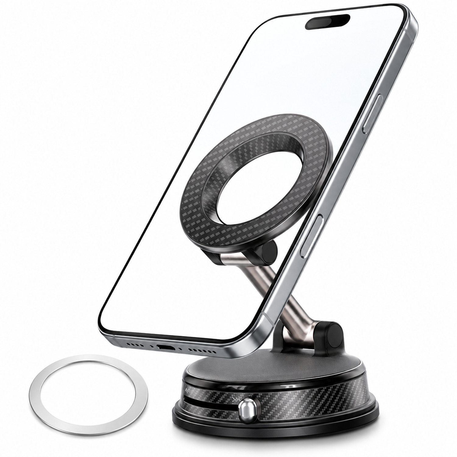 Magnetische telefoonhouder met vacuümzuignap, draaibaar en inklapbaar, voor in de auto, inclusief één magnetische plaat