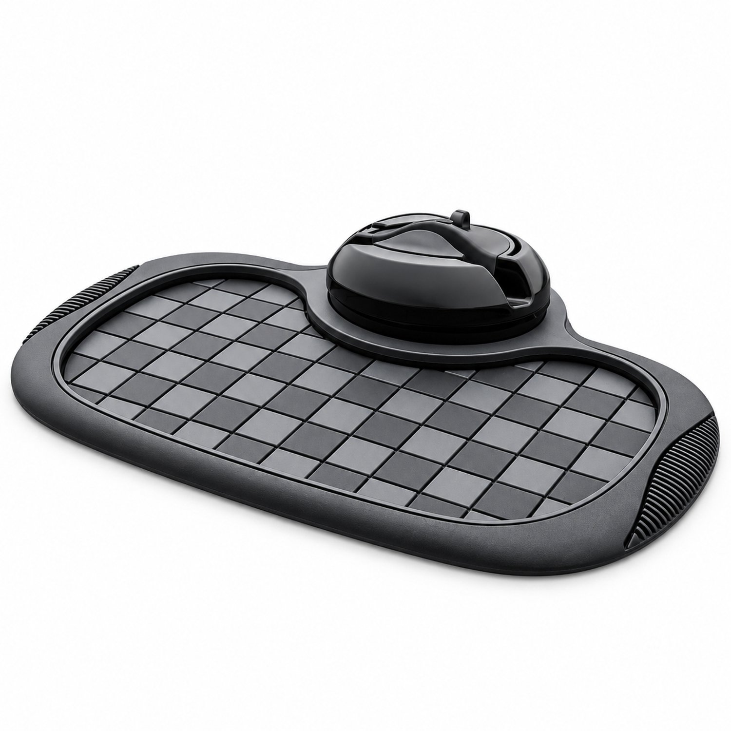 Ovale antislipmat voor een telefoon op de autoconsole met rasterpatroon zwart en grijs zonder nummer