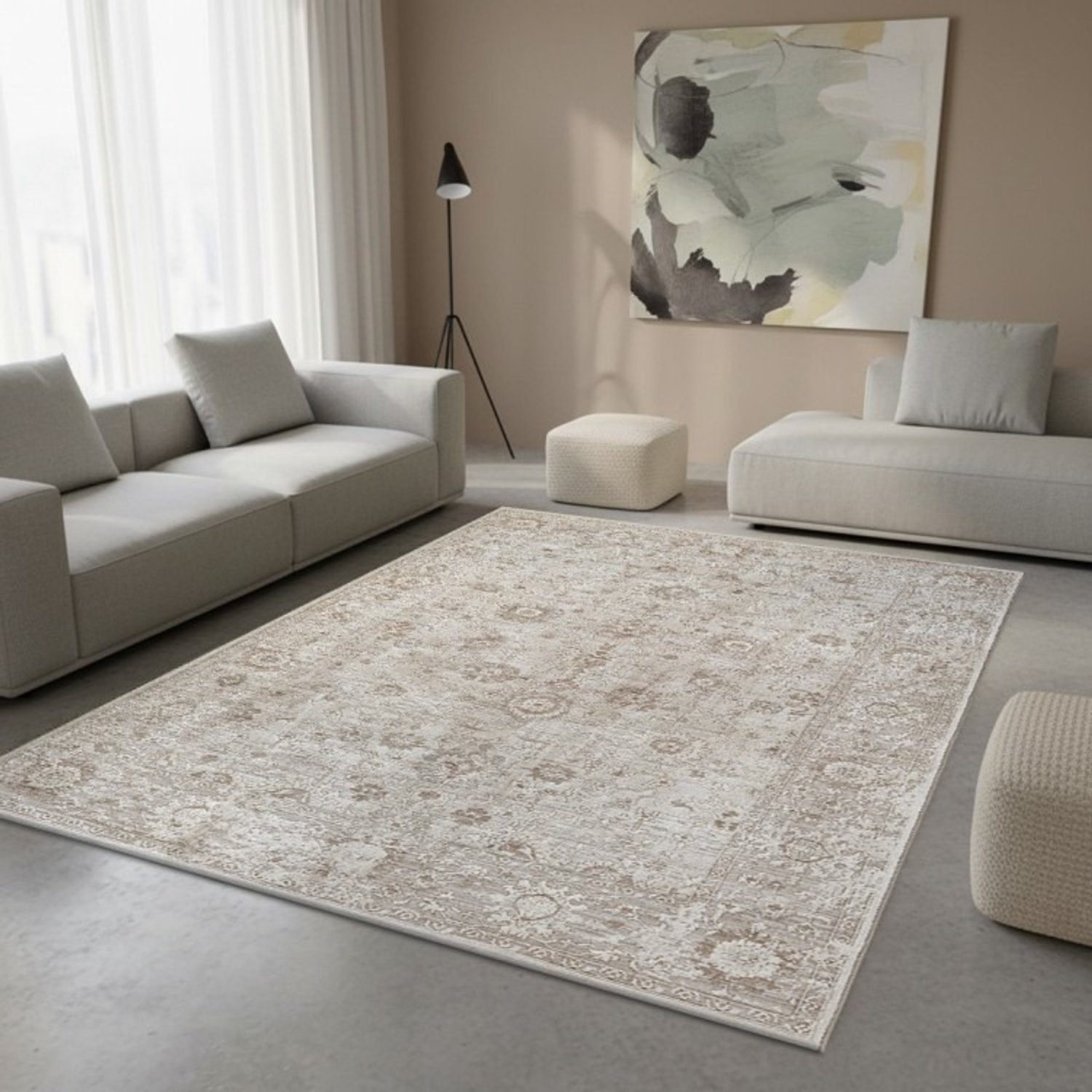 TapisTrend Designer tapijt Beige 160x230 cm Vintage vloerkleed met een verweerd oosters bloemenpatroon en een klassieke rand voor de woonkamer