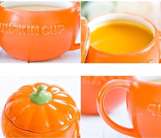 Pompoen mok met deksel, keramische mok van 4,7 inch hoog, pompoenvormige keramische mok voor melk en ontbijtgranen, met deksel, geschikt voor thuisgebruik en Halloween-feestjes — afbeelding 5