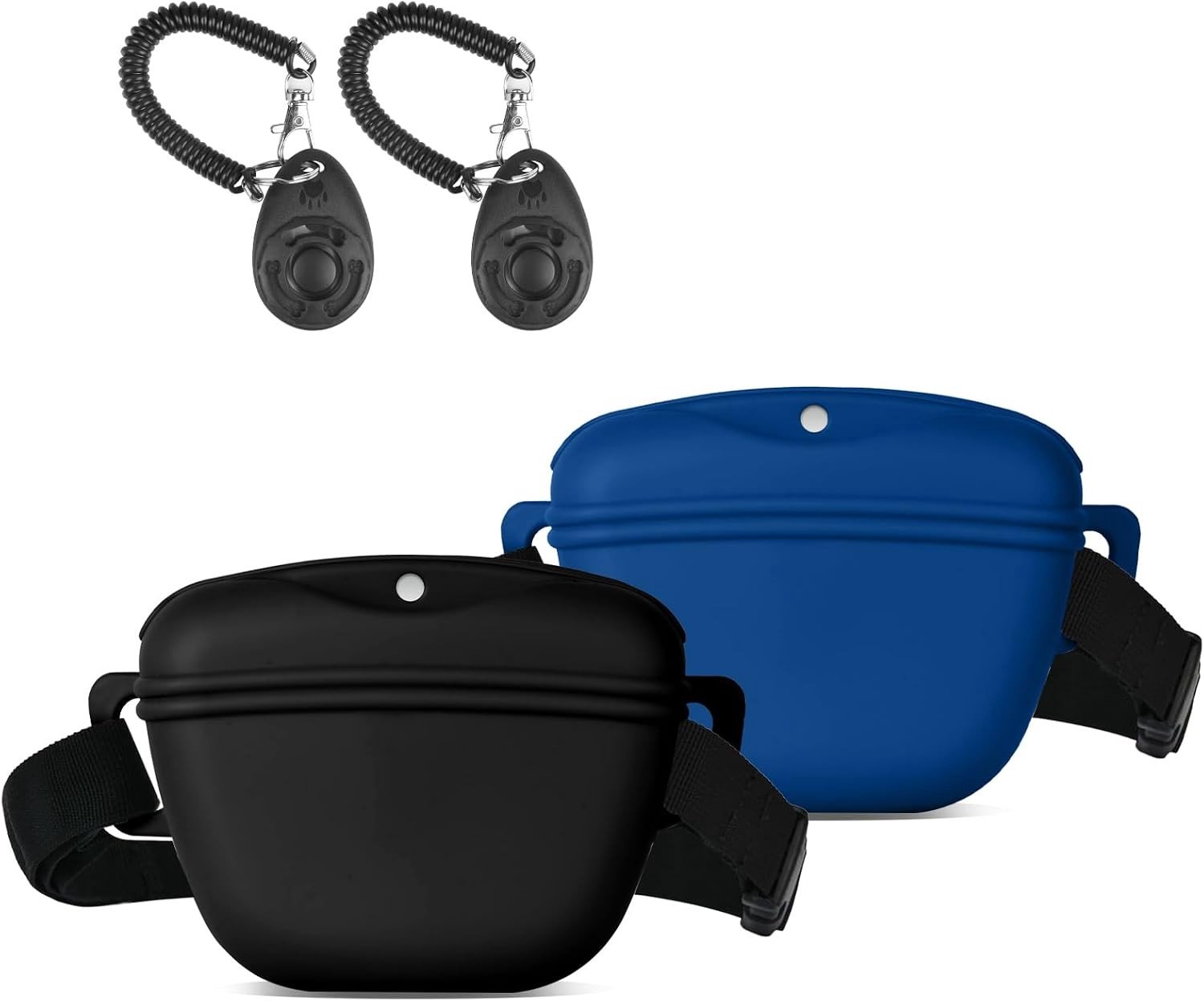 Set van 6 Hondensnoepzakjes met Trainingsclicker en Heuptas voor Hondentraining - Silicone Voedselzak voor Wandelen en Trainen van Honden, 2 Stuks Zwart en Donkerblauw, Compact en Handig