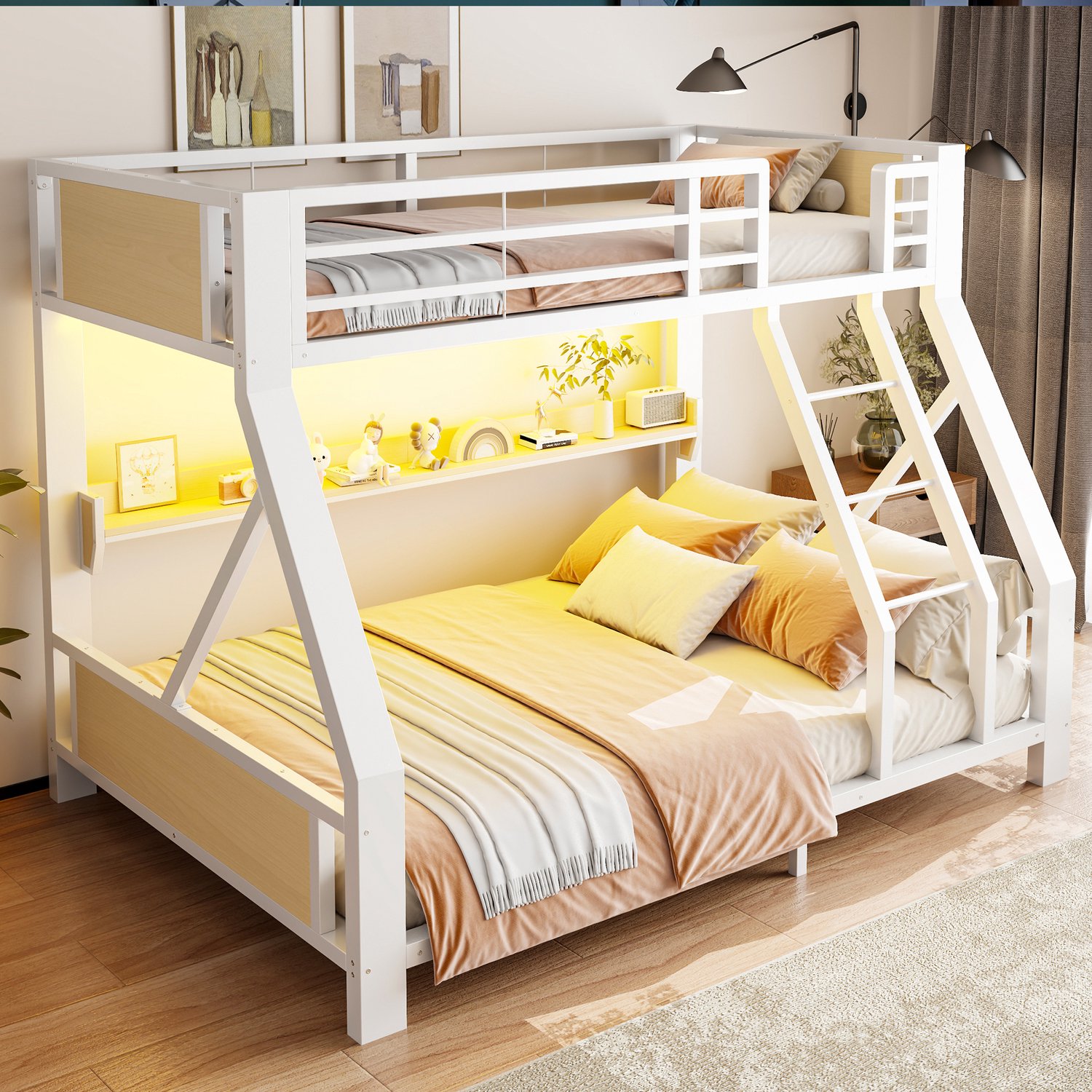 COVREO Stapelbed met LED – 90x200 en 140x200 cm – Hoog laag bed van metaal – Slaapplek voor kinderen – Wit - zonder matras